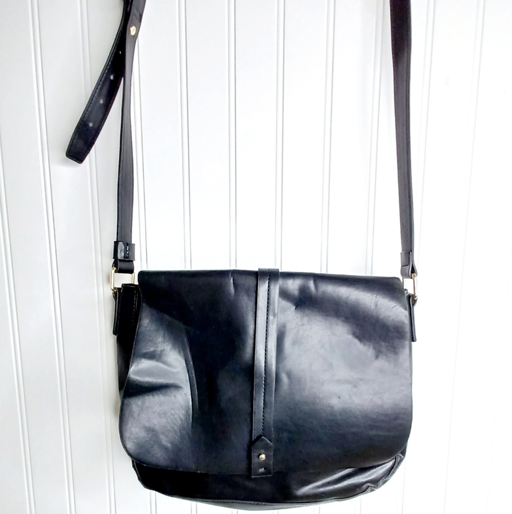 1990's Black Faux Leather Cross Body Saddle Bag